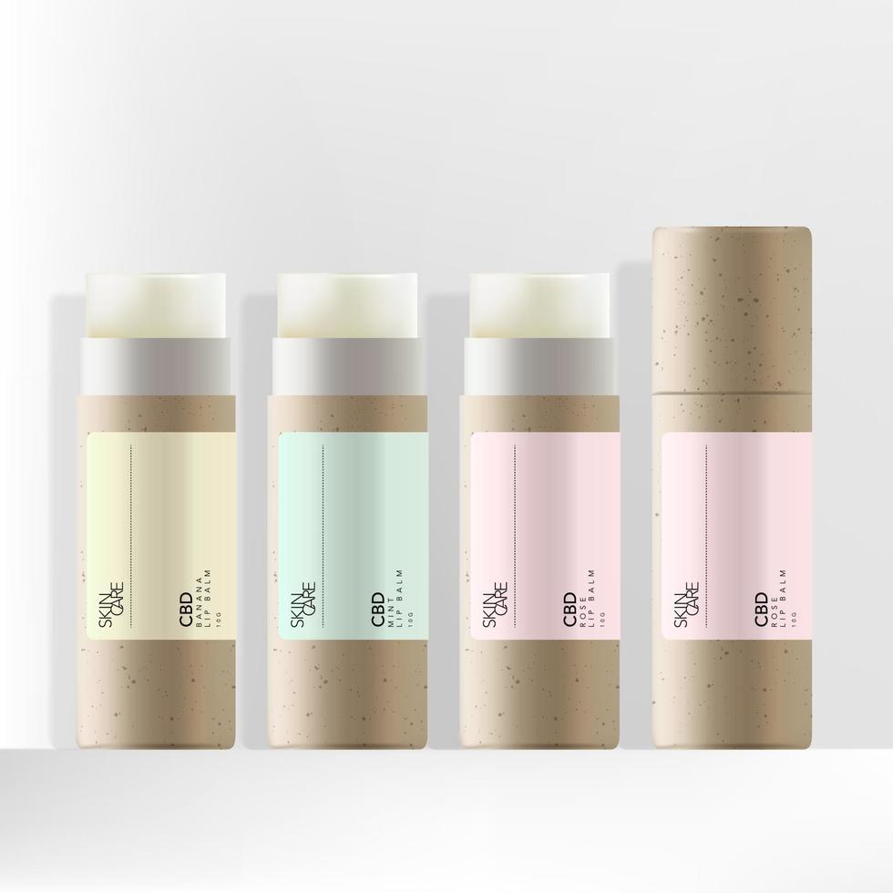 emballage de baume à lèvres cbd en papier kraft recyclé de vecteur avec un design d'étiquette pastel minimal