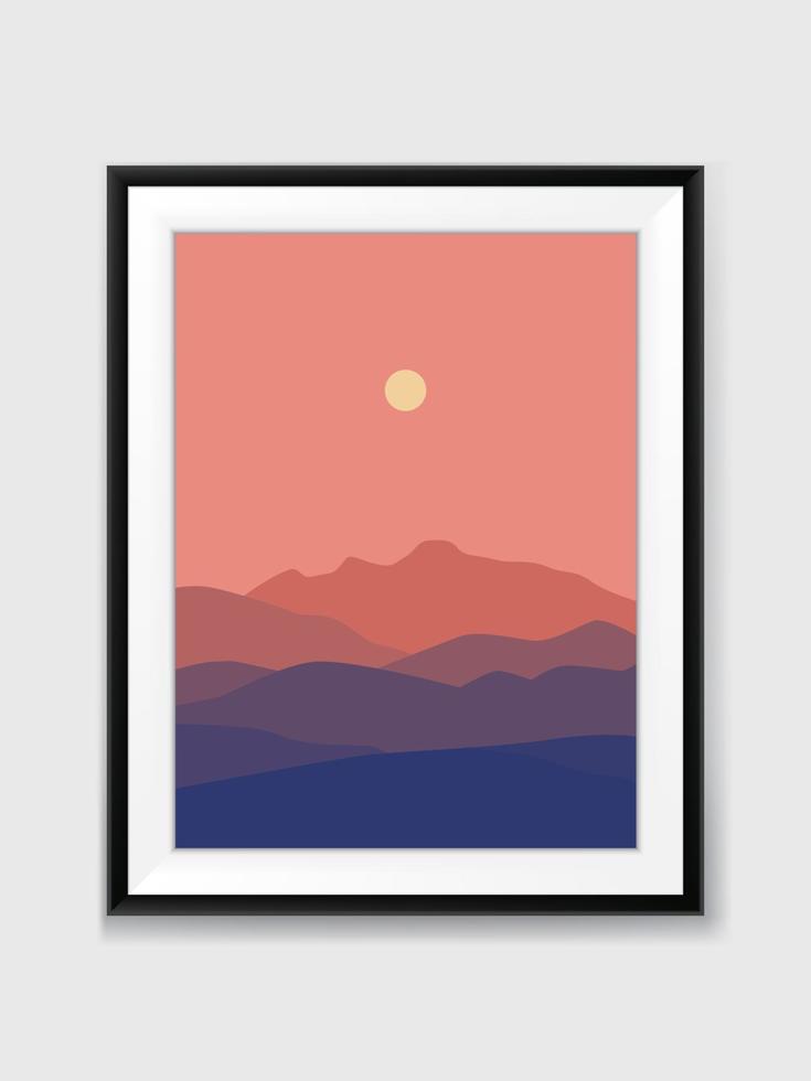 vecteur, coucher soleil, vue montagne, paysage, minimal, peinture, sur, mur, à, noir, cadre vecteur