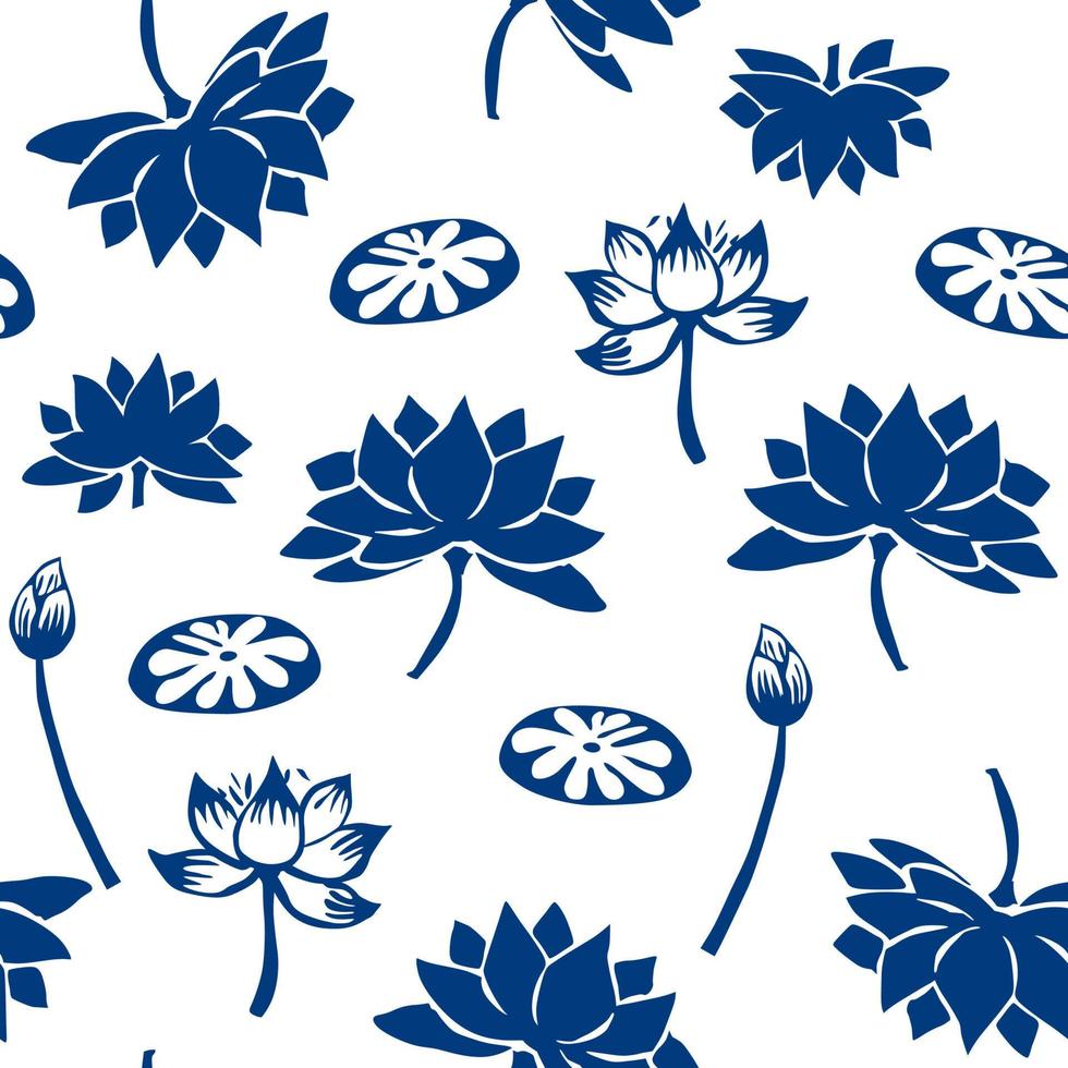 coupe de papier traditionnelle bleue classique chinoise de vecteur ou modèle sans couture de porcelaine. lotus dans l'étang.