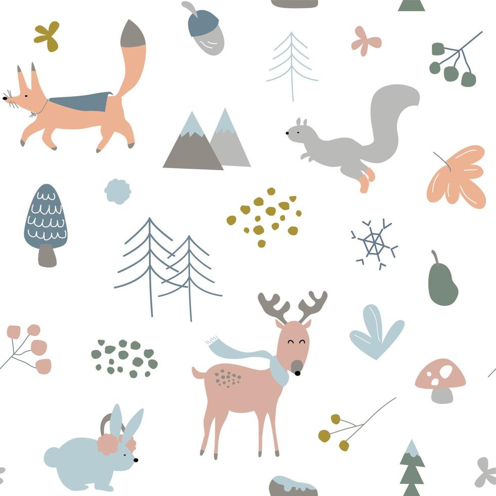 image vectorielle motif de répétition sans couture pour enfants, enfants ou nourrissons, thème animalier de la forêt d'hiver vecteur