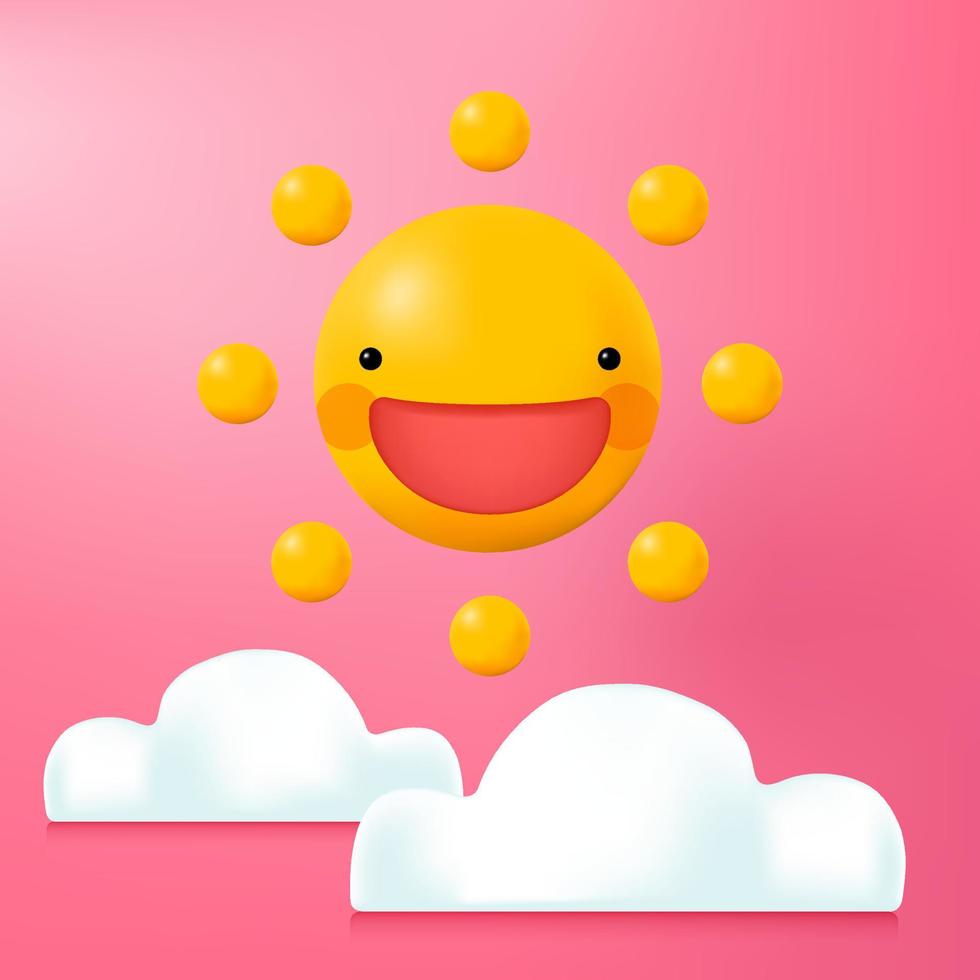 3d illustration dessin animé soleil souriant avec des nuages sur fond rose vecteur