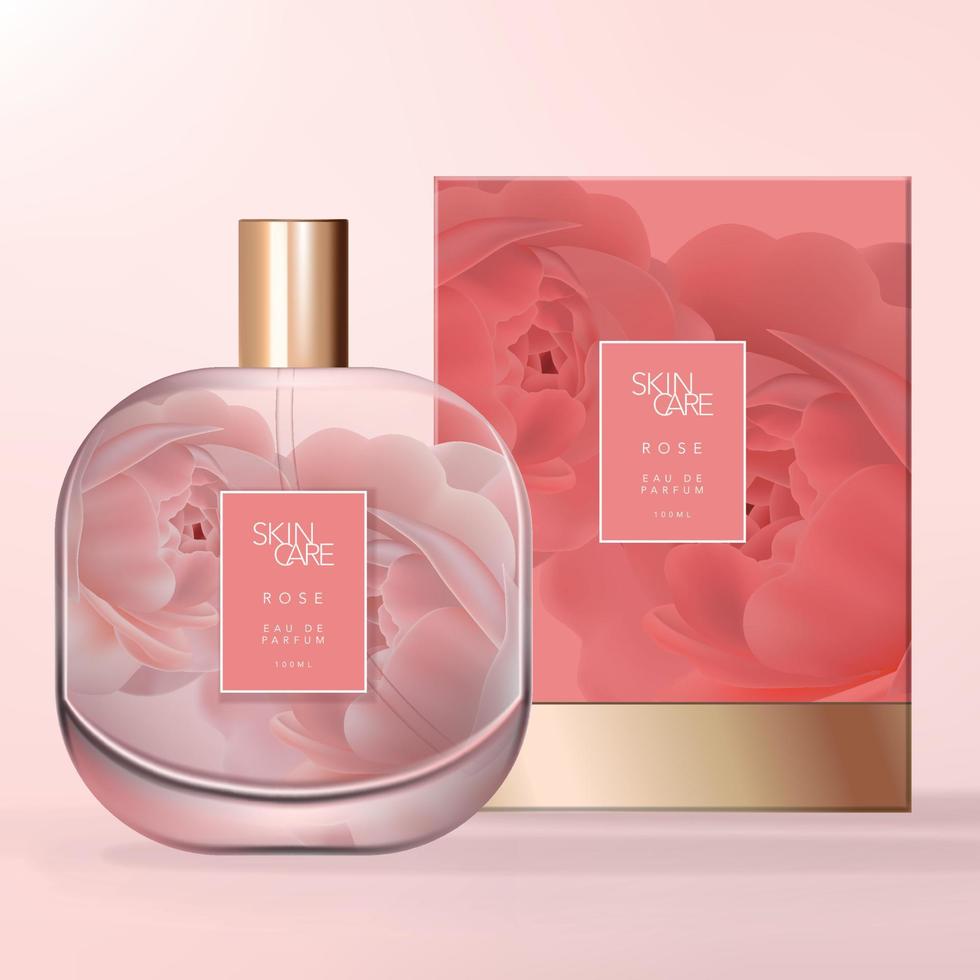 Flacon de parfum en verre transparent à coins arrondis de forme carrée vectorielle avec motif rose imprimé sur le panneau arrière. boîte en carton rigide avec fond en feuille d'or. vecteur