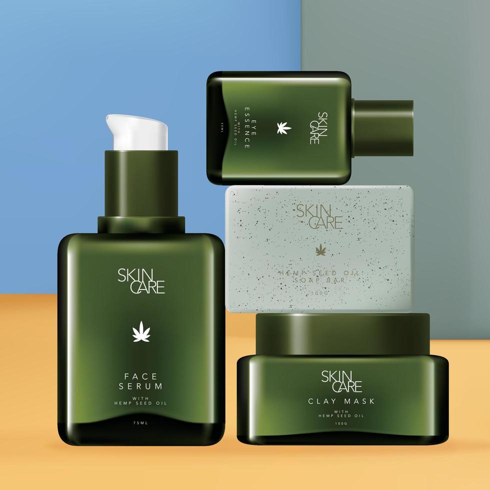 ensemble de soins de la peau et du corps à l'huile de graines de chanvre cbd vectoriel avec sérum facial vert teinté ou bouteille en verre de pompe à essence pour les yeux, pot de masque d'argile et savon exfoliant.