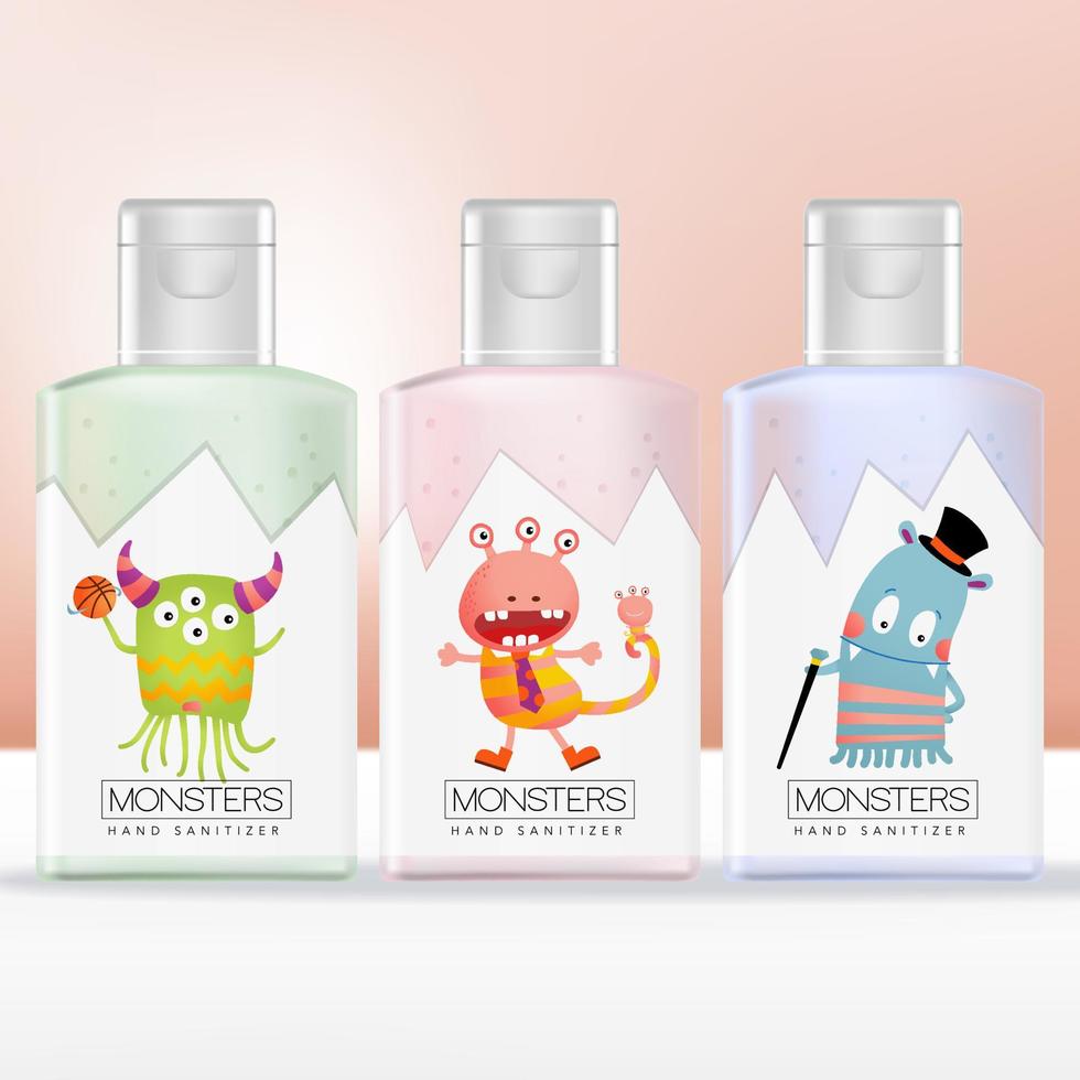 vecteur emballage de bouteille de désinfectant pour les mains pour enfants ou enfants avec motif d'illustration de monstre imprimé. rose, vert et bleu.