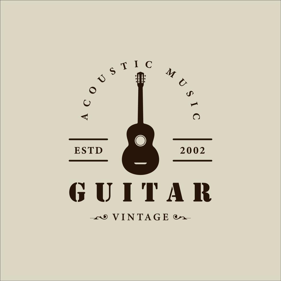 guitare acoustique logo vintage vector illustration modèle icône graphisme. signe ou symbole d'instrument de musique pour guitariste et groupe ou festival jazz avec style typographique