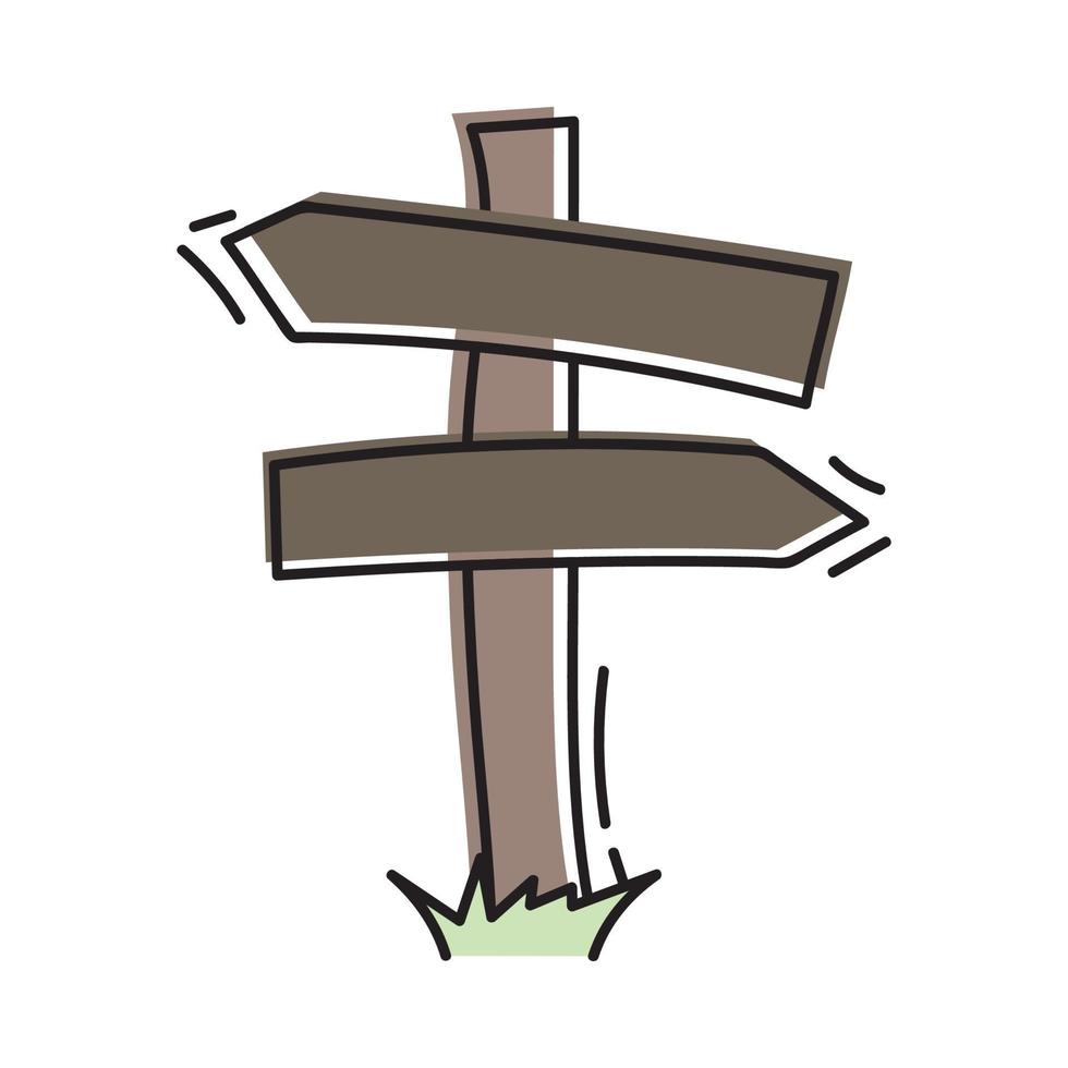 panneaux en bois de vecteur dans le style doodle. symbole de pointeur de direction. croquis dessiné à la main des signes. illustration de la flèche de la route ou de l'office de tourisme. contours de couleur isolés sur fond blanc