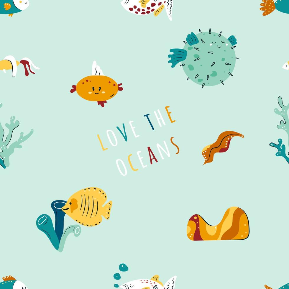 motif coloré sans couture avec joli poisson-globe, poisson abstrait et algues sur fond bleu. créatures sous-marines amusantes de la mer et de l'océan. illustration de vecteur de dessin animé plat pour enfants imprimer, tissu, web