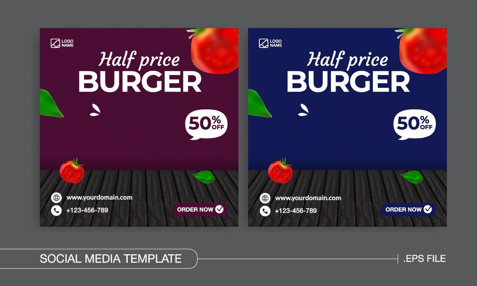 modèle de burger à moitié prix pour le vecteur premium de promotion des médias sociaux