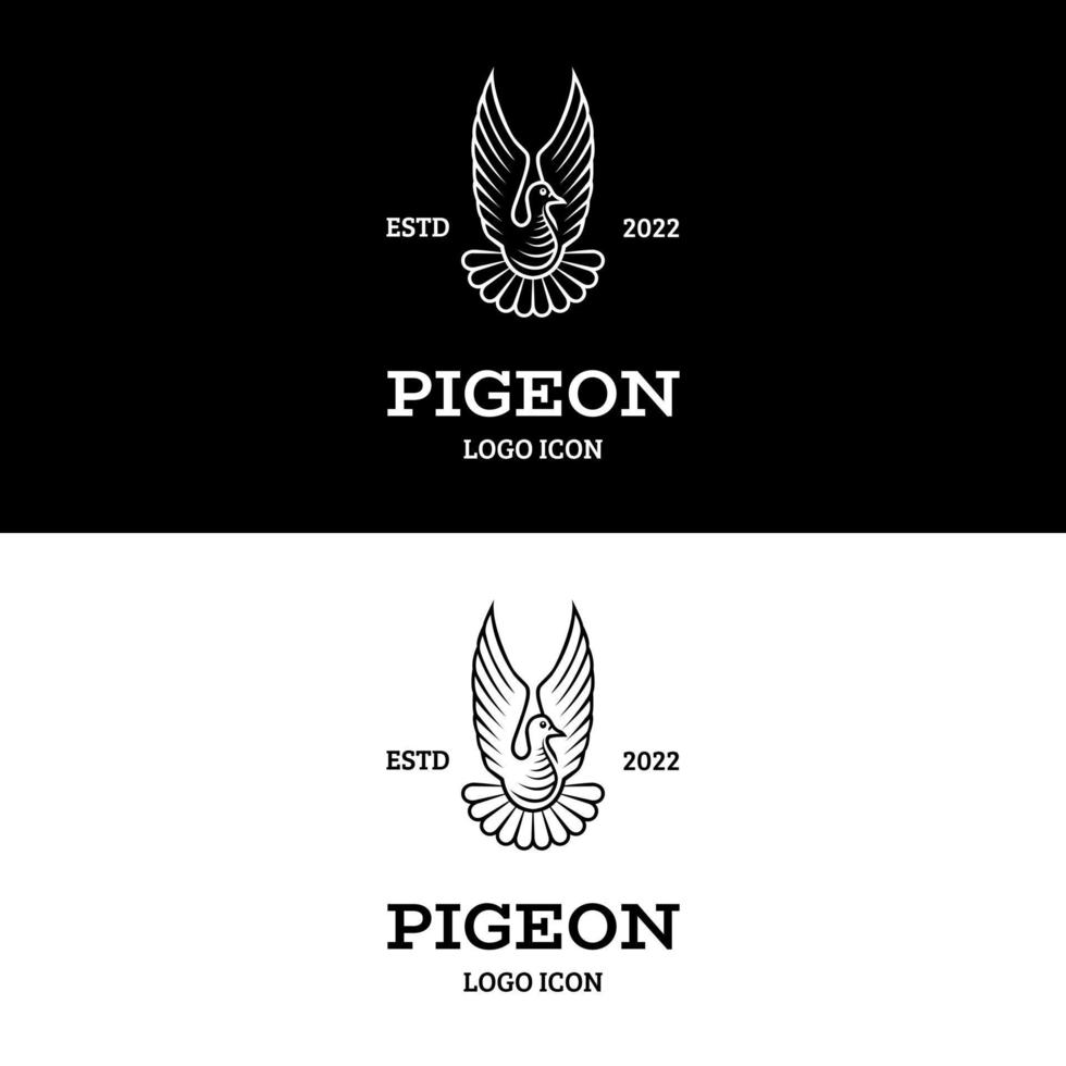 Pigeon blanc ailes déployées posent dans la conception de logo de style rétro vintage classique vecteur