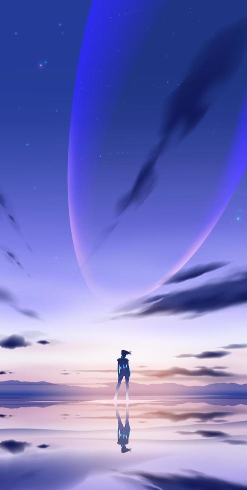 une dame en costume futuriste debout sur une planète inconnue avec en arrière-plan la structure massive dans l'atmosphère vecteur