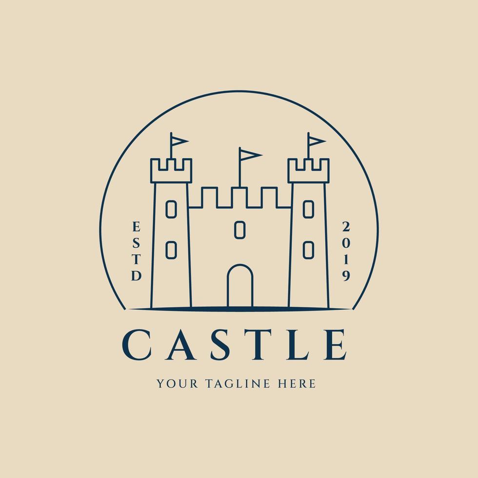 logo, icône et symbole d'art de ligne de château, avec la conception d'illustration de vecteur d'emblème