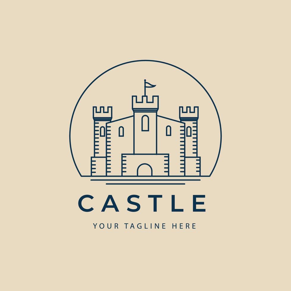 logo, icône et symbole d'art de ligne de château, avec la conception d'illustration de vecteur d'emblème