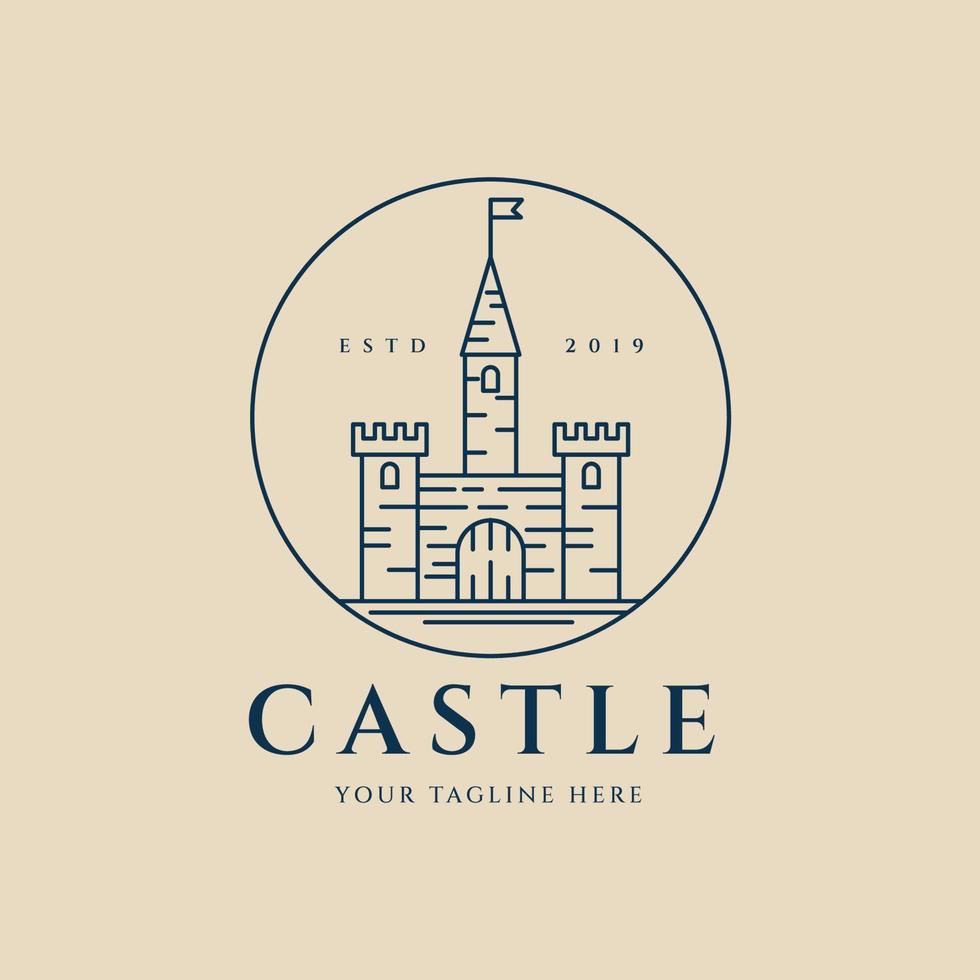 logo, icône et symbole d'art de ligne de château, avec la conception d'illustration de vecteur d'emblème