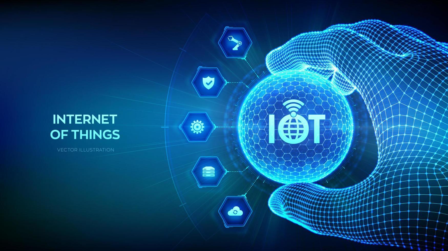 iot. logo internet des objets en forme de sphère avec motif hexagonal dans la main filaire. tout le réseau de concept de périphérique de connectivité et les affaires avec internet. illustration vectorielle. vecteur