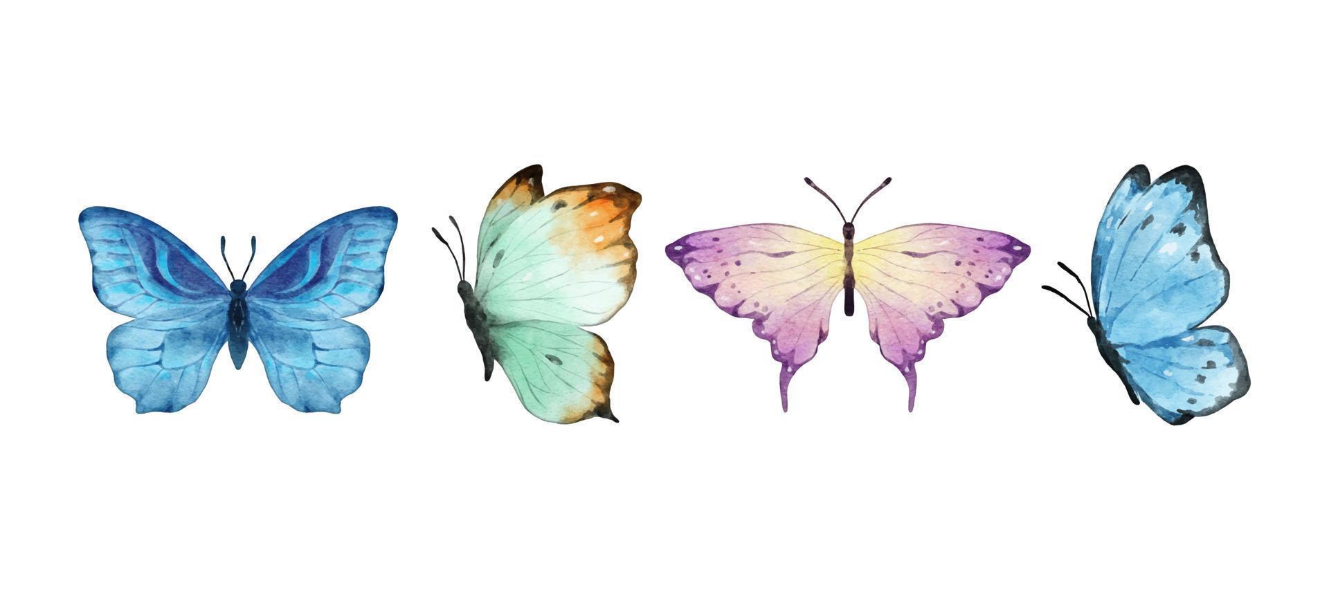 aquarelle de papillons colorés isolé sur fond blanc. papillon marron, rose, jaune et orange. illustration vectorielle de printemps animaux vecteur