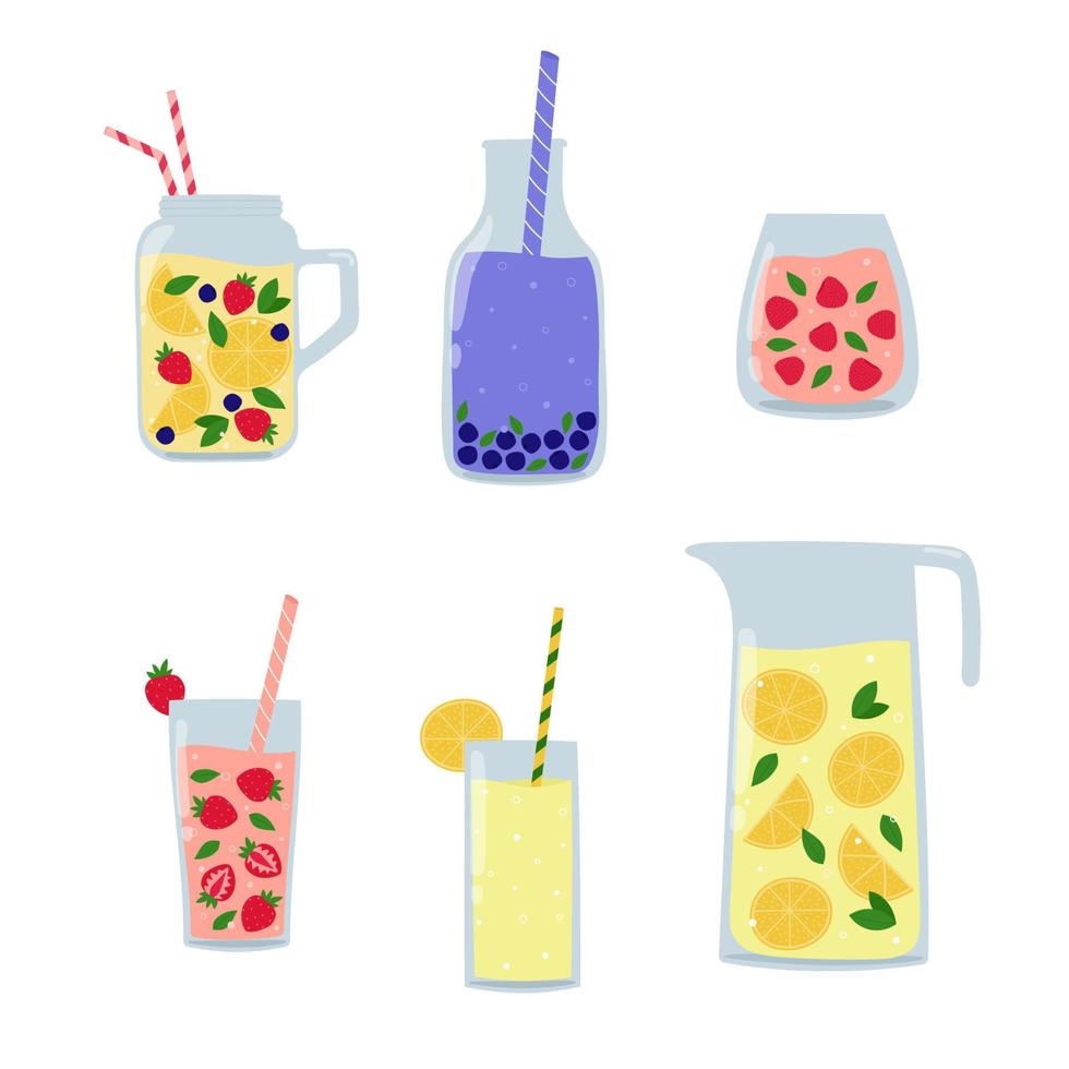 ensemble de boissons d'été. boissons aux fruits ou aux baies en verre, en bouteille ou en carafe. jus de dessin animé et limonade vecteur