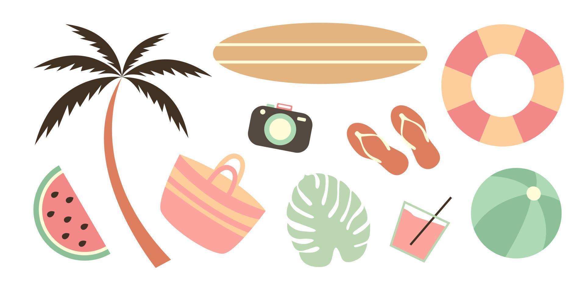 ensemble d'été d'éléments d'été mignons. planche de surf, palmier, limonade, appareil photo, sac, balle, pantoufles, bouée de sauvetage, pastèque. doodle beach party illustration pour carte postale, affiche, autocollant, emballage, tissu. vecteur
