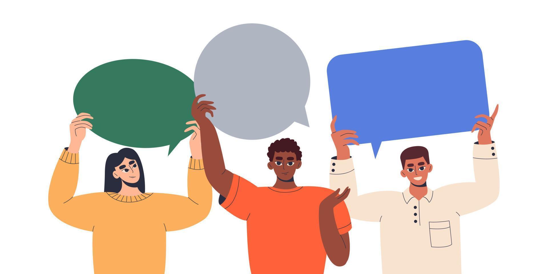 un groupe de personnes de différentes races tient des bulles. commentaires des clients, témoignage, enquête en ligne, communication, discours, chat. dialogue sur les réseaux sociaux. satisfaction des utilisateurs. illustration plate. vecteur