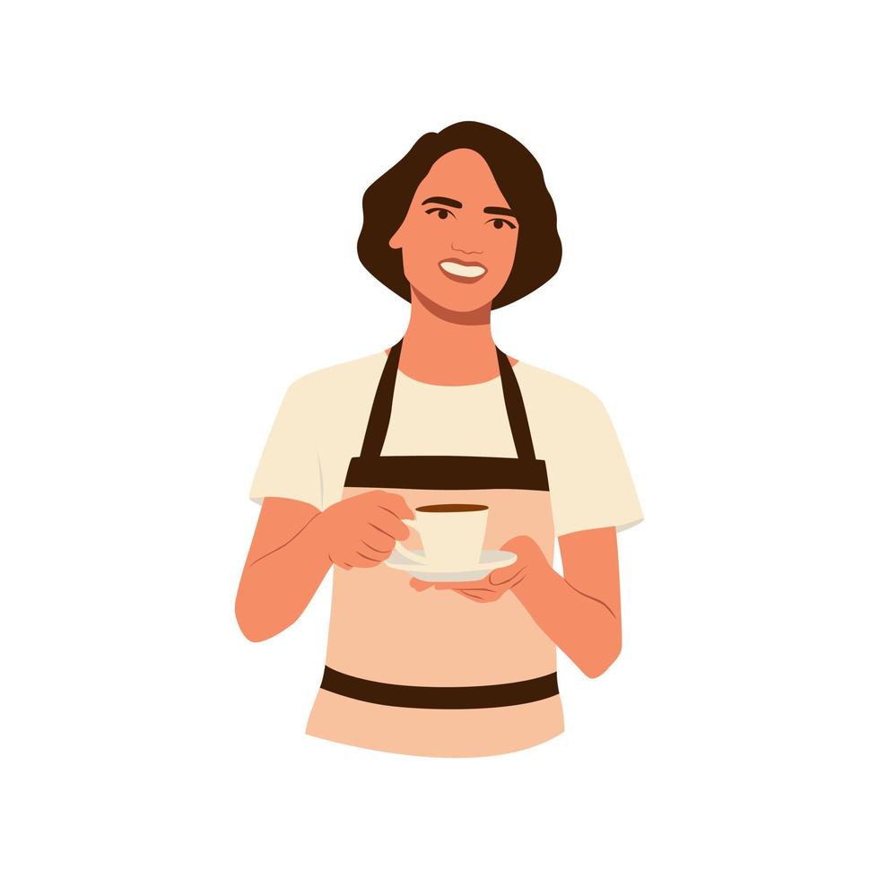 jeune fille souriante barista portant un tablier tenant un expresso pour les clients. barista travaillant. coffeeshop et cafétéria. service, gare et déjeuner. illustration plate dessinée à la main du personnage vecteur