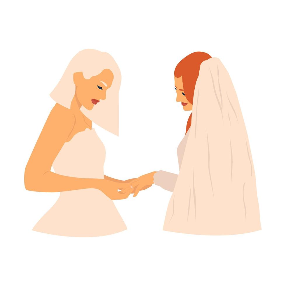 silhouette d'un couple de lesbiennes souriantes portant des alliances le jour du mariage. heureux conjoints de même sexe célébrant le mariage. droits des lgbt. couples homosexuels. illustration plate dessinée à la main. vecteur