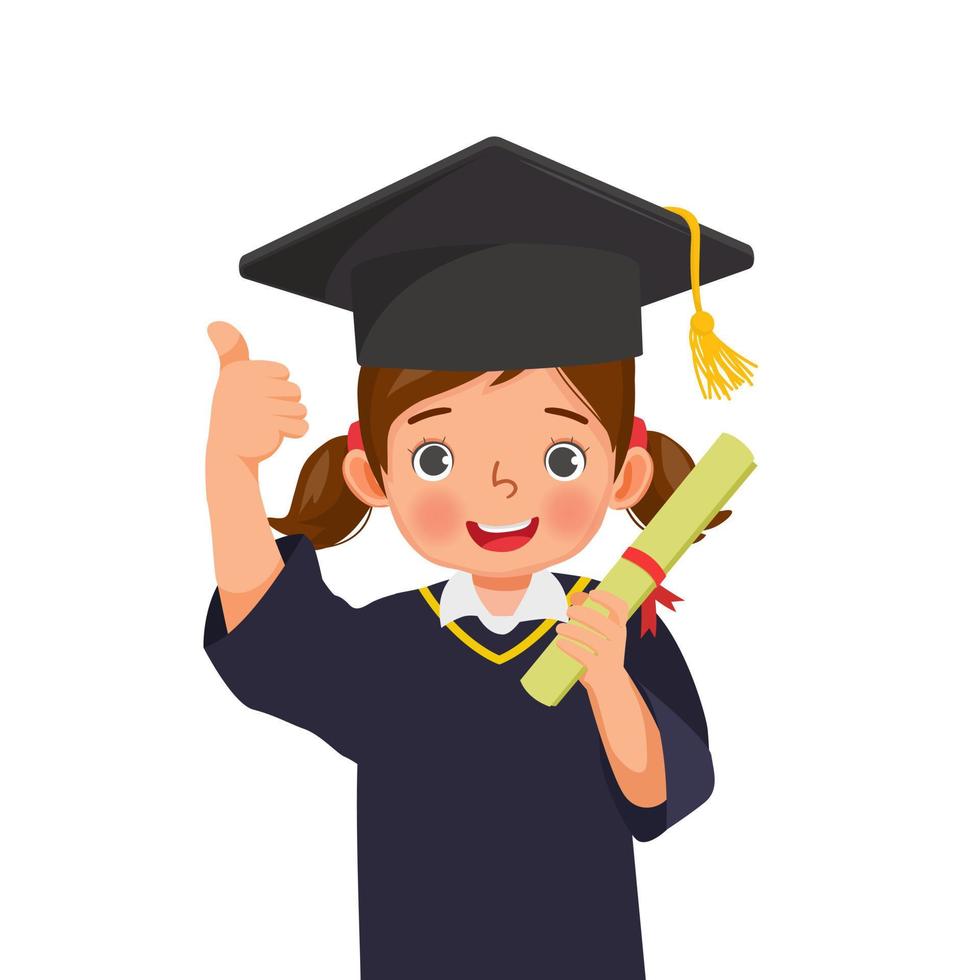 jolie petite écolière en chapeau de graduation et robe tenant un certificat de diplôme montrant le pouce vers le haut vecteur
