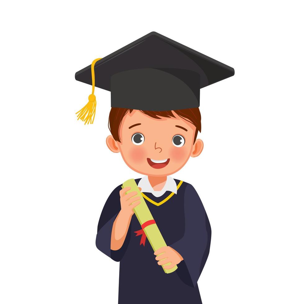 mignon petit écolier en chapeau de graduation et robe tenant un certificat de diplôme vecteur
