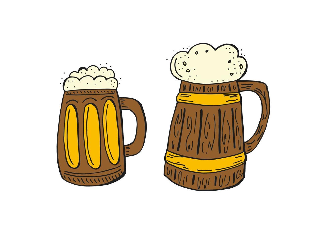 oktoberfest 2022 - fête de la bière. ensemble d'éléments de doodle dessinés à la main. fête traditionnelle allemande. chopes à bière en bois colorées sur fond blanc. vecteur