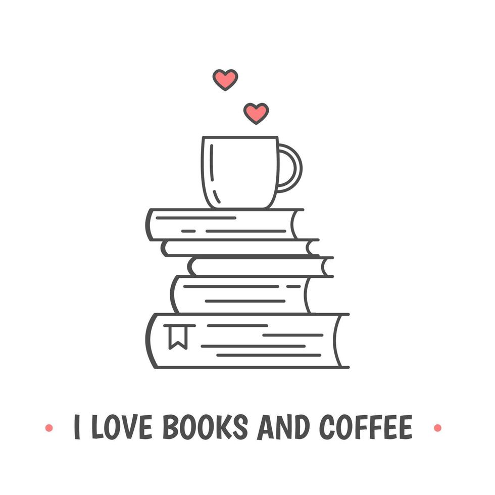 pile de livres et tasse de café ou de thé avec des symboles de coeur. j'aime les livres et la citation de café vecteur