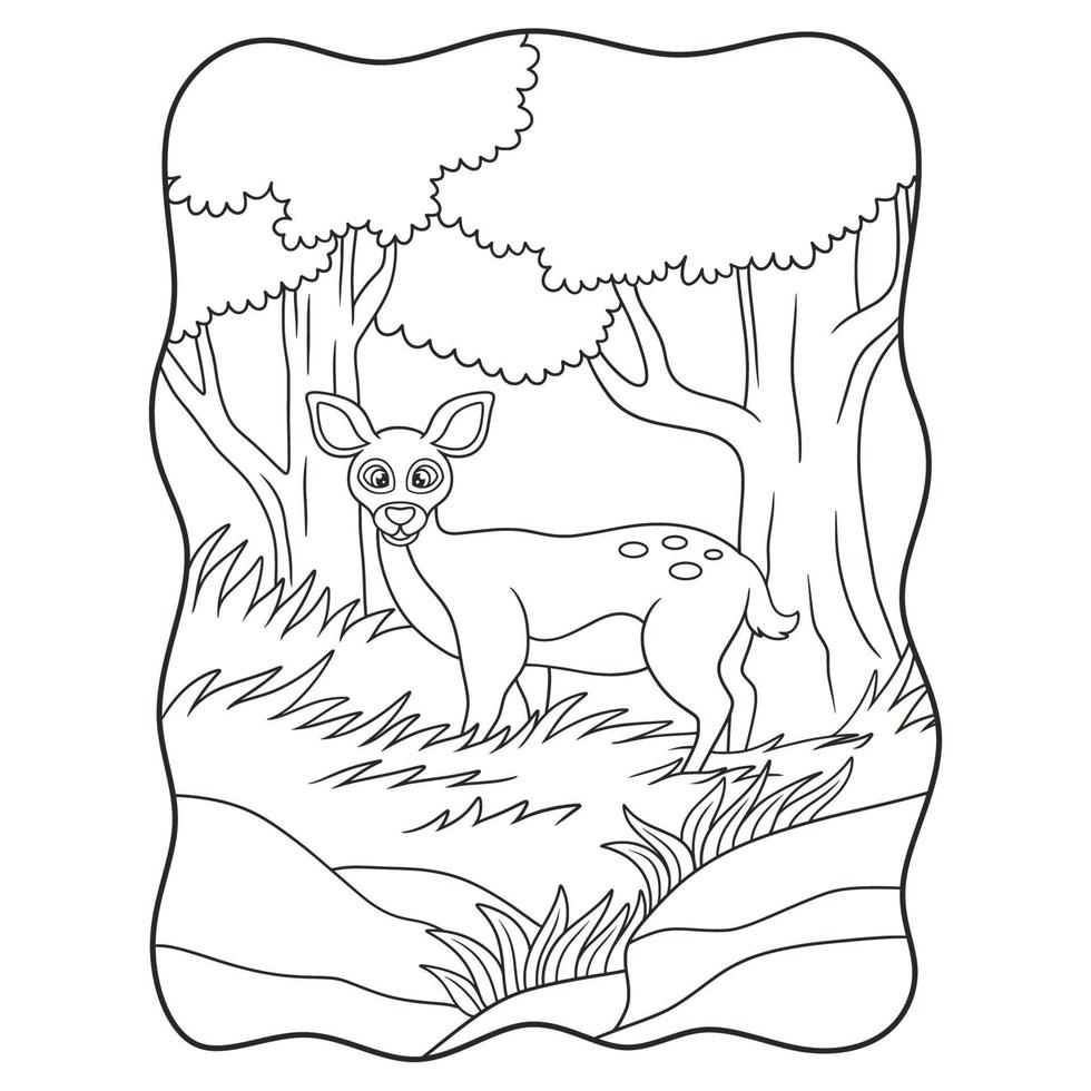 illustration de dessin animé un cerf marchant dans les hautes herbes sous un grand arbre à la recherche d'un livre de nourriture ou d'une page pour les enfants en noir et blanc vecteur