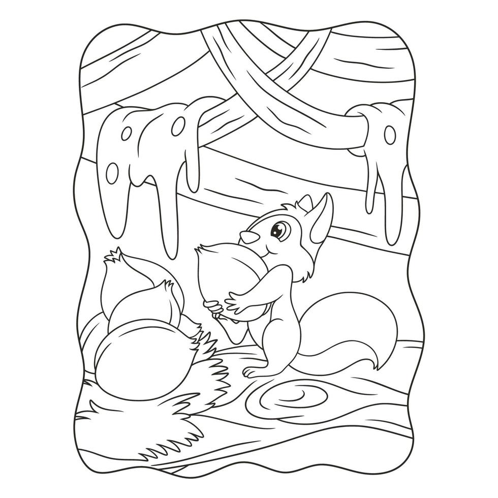 écureuil d'illustration de dessin animé rassemblant de la nourriture pour se préparer à la longue saison sèche livre ou page pour les enfants en noir et blanc vecteur