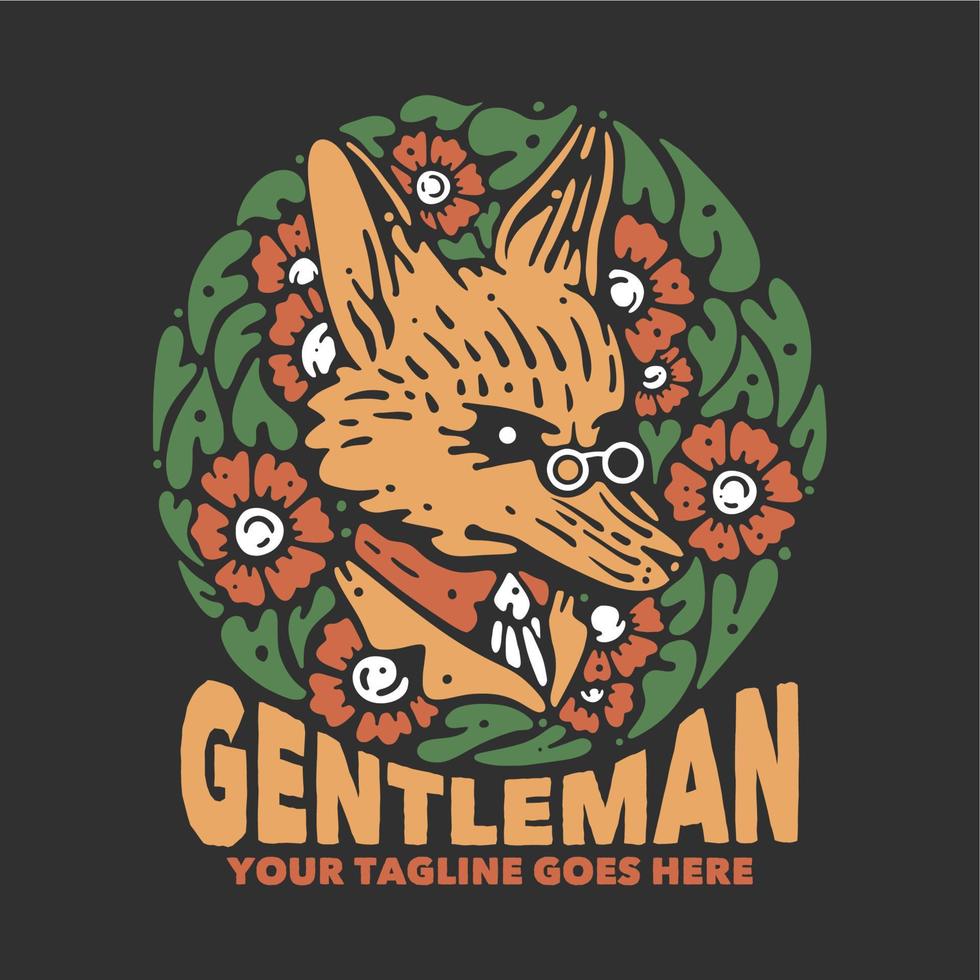 t shirt design gentleman avec renard en costume et illustration vintage de fond gris vecteur