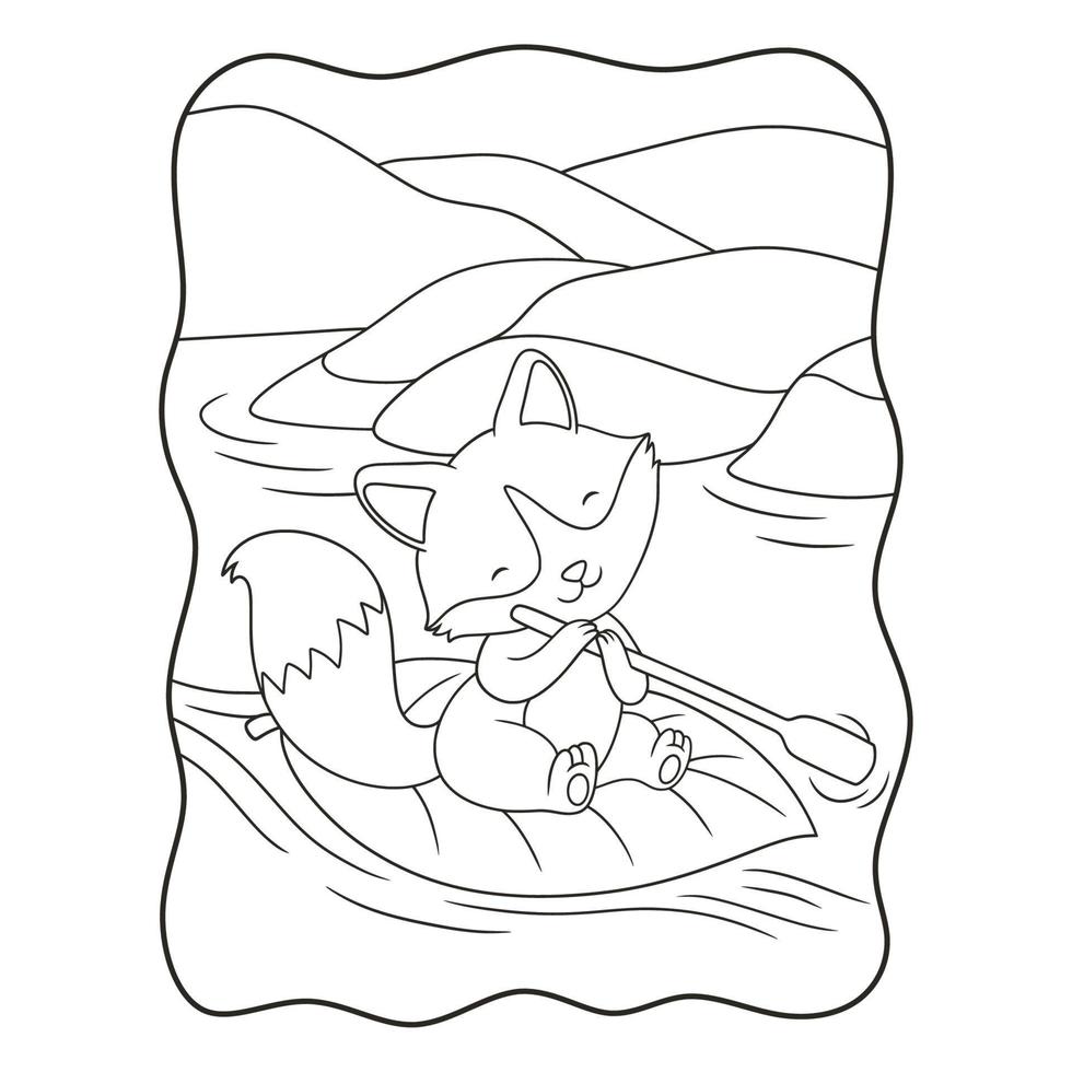 illustration de dessin animé le renard monte sur un bateau fait de grandes feuilles d'arbres avec un livre ou une page de rame pour les enfants en noir et blanc vecteur