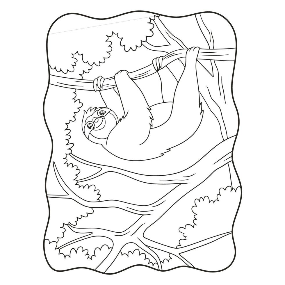 illustration de dessin animé un paresseux est suspendu à un arbre avec désinvolture pour profiter du soleil brûlant le matin livre ou page pour les enfants en noir et blanc vecteur