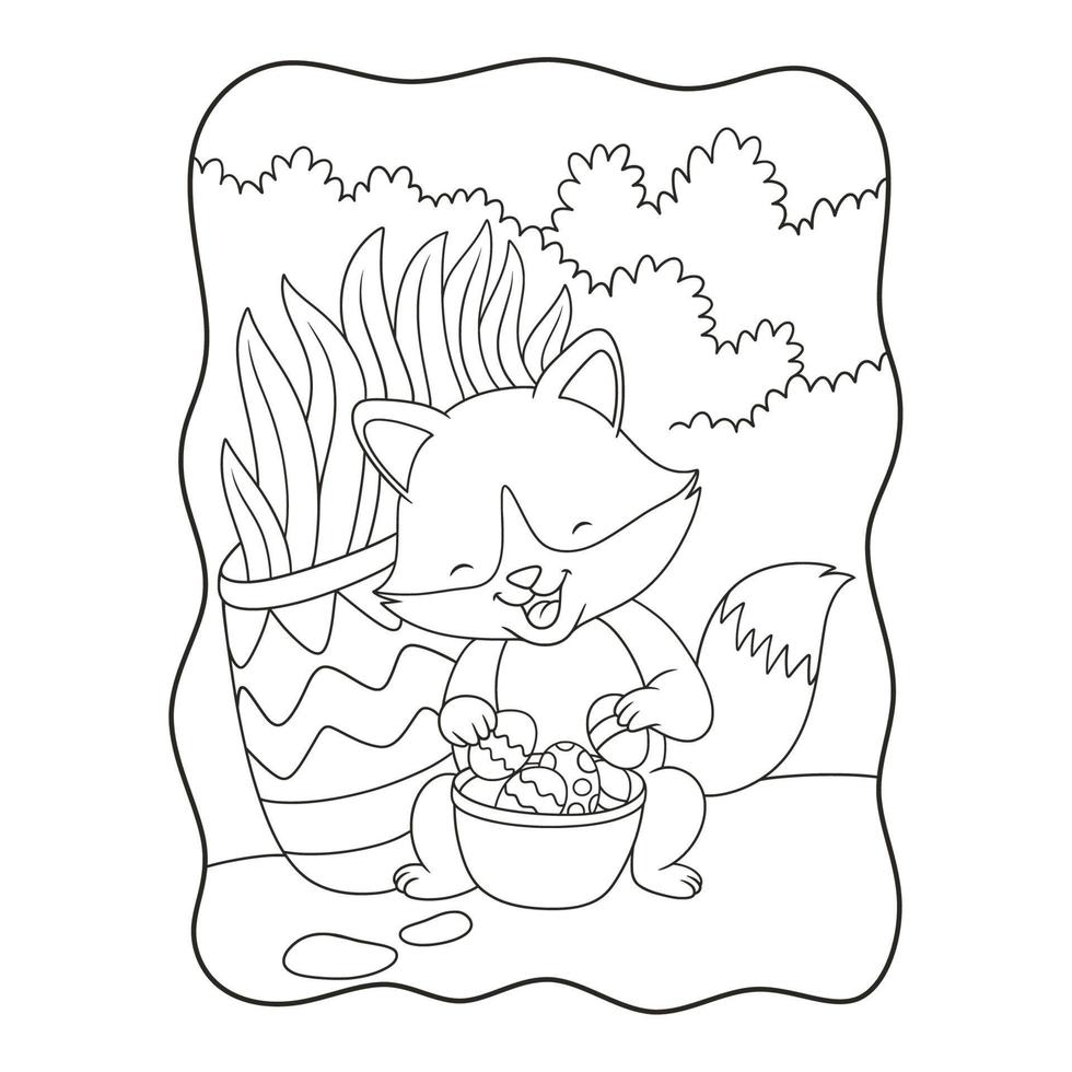 illustration de dessin animé un renard tenant un récipient d'oeufs colorés derrière un buisson dans le livre ou la page de la forêt pour les enfants en noir et blanc vecteur