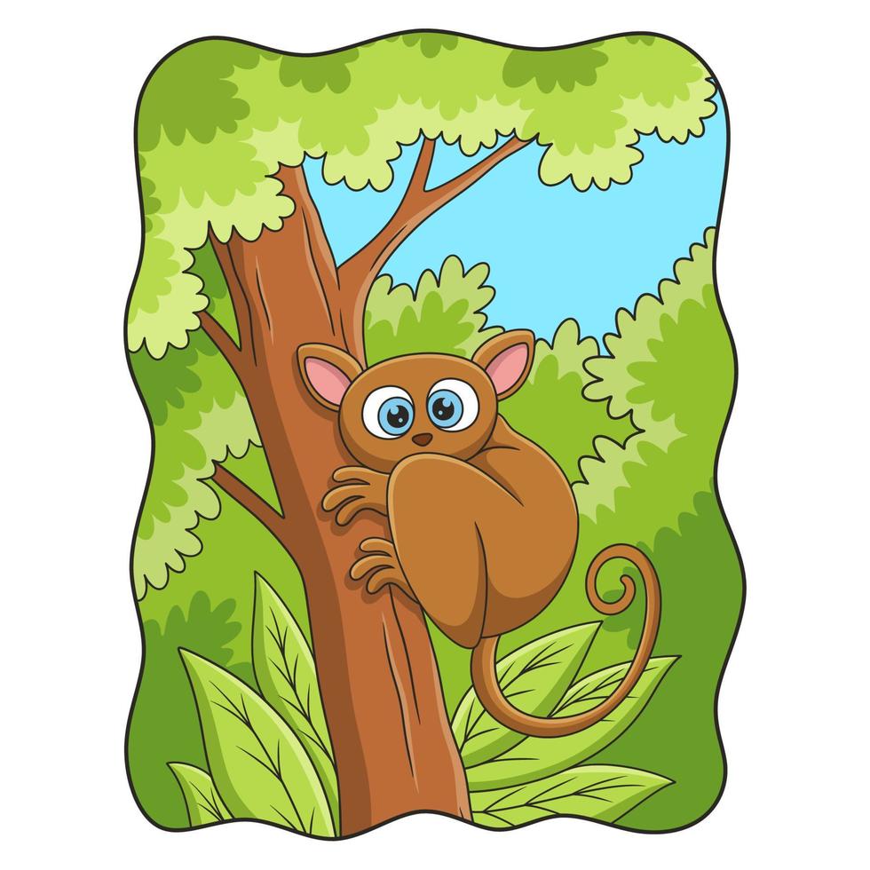 illustration de dessin animé tarsier escaladant un grand et grand arbre pour se détendre dessus vecteur