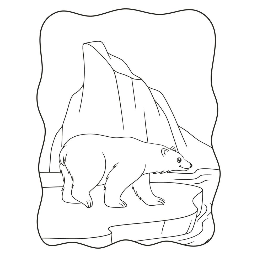 illustration de dessin animé ours polaire marchant sur des glaçons au milieu de la mer à la recherche de poisson pour un livre de nourriture ou une page pour les enfants en noir et blanc vecteur