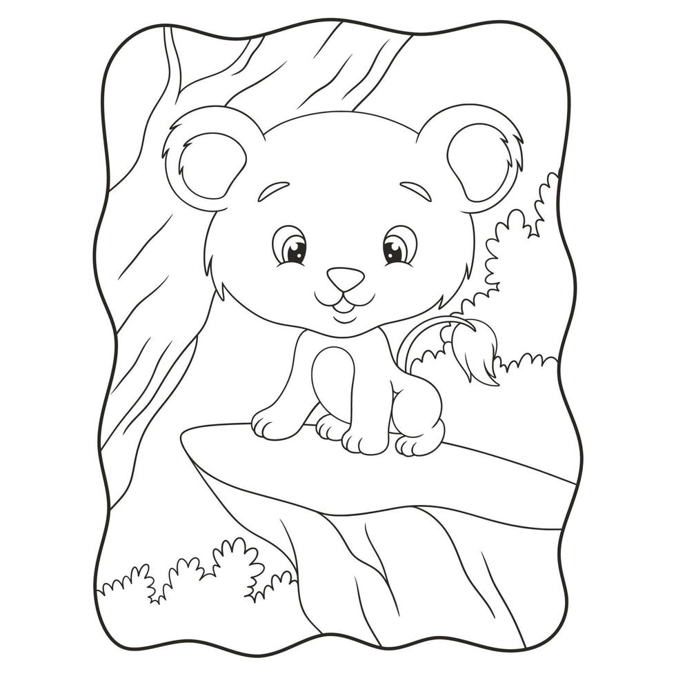 illustration de dessin animé un lionceau assis fièrement sur une falaise sous un grand arbre au milieu de la forêt livre ou page pour enfants noir et blanc vecteur