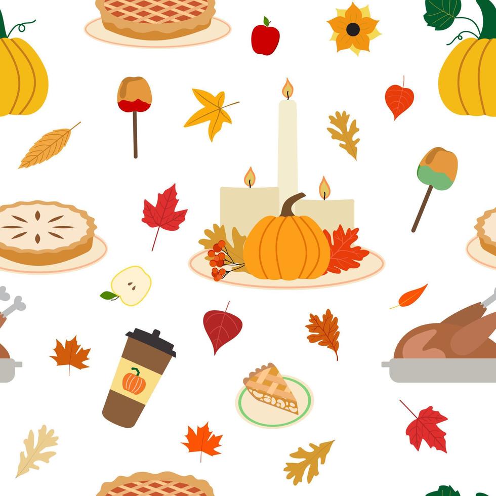 vecteur fête des récoltes d'automne, modèle sans couture du jour de thanksgiving en style cartoon avec dinde rôtie, bougies, tartes, citrouilles, pommes bonbons et feuilles sèches. isolé sur fond blanc.