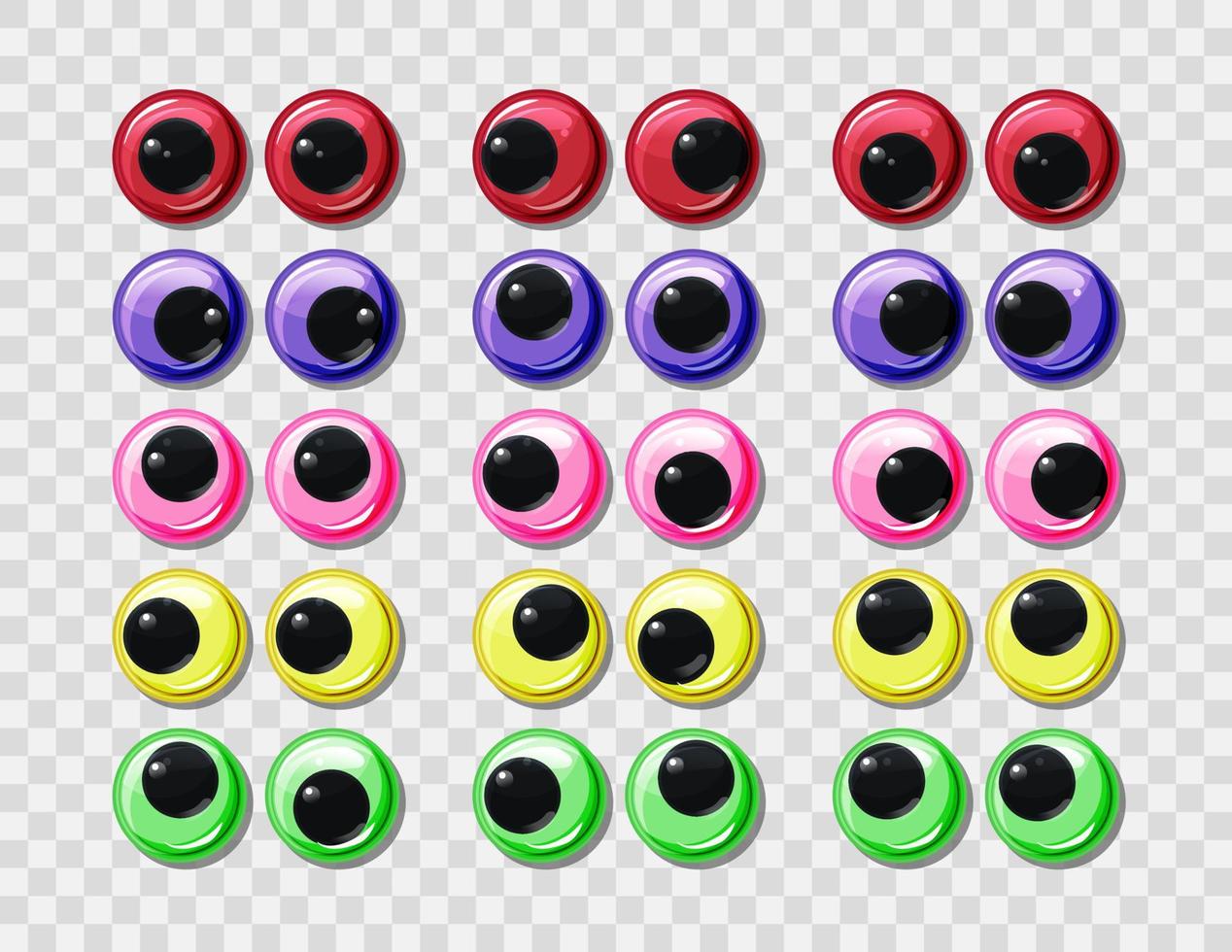 yeux en plastique amusants multicolores pour personnages de jouets, de marionnettes et de poupées sur fond transparent. globes oculaires colorés ronds grand ensemble de vecteurs. artisanat de conception de dessin animé et éléments de conception de couture. vecteur