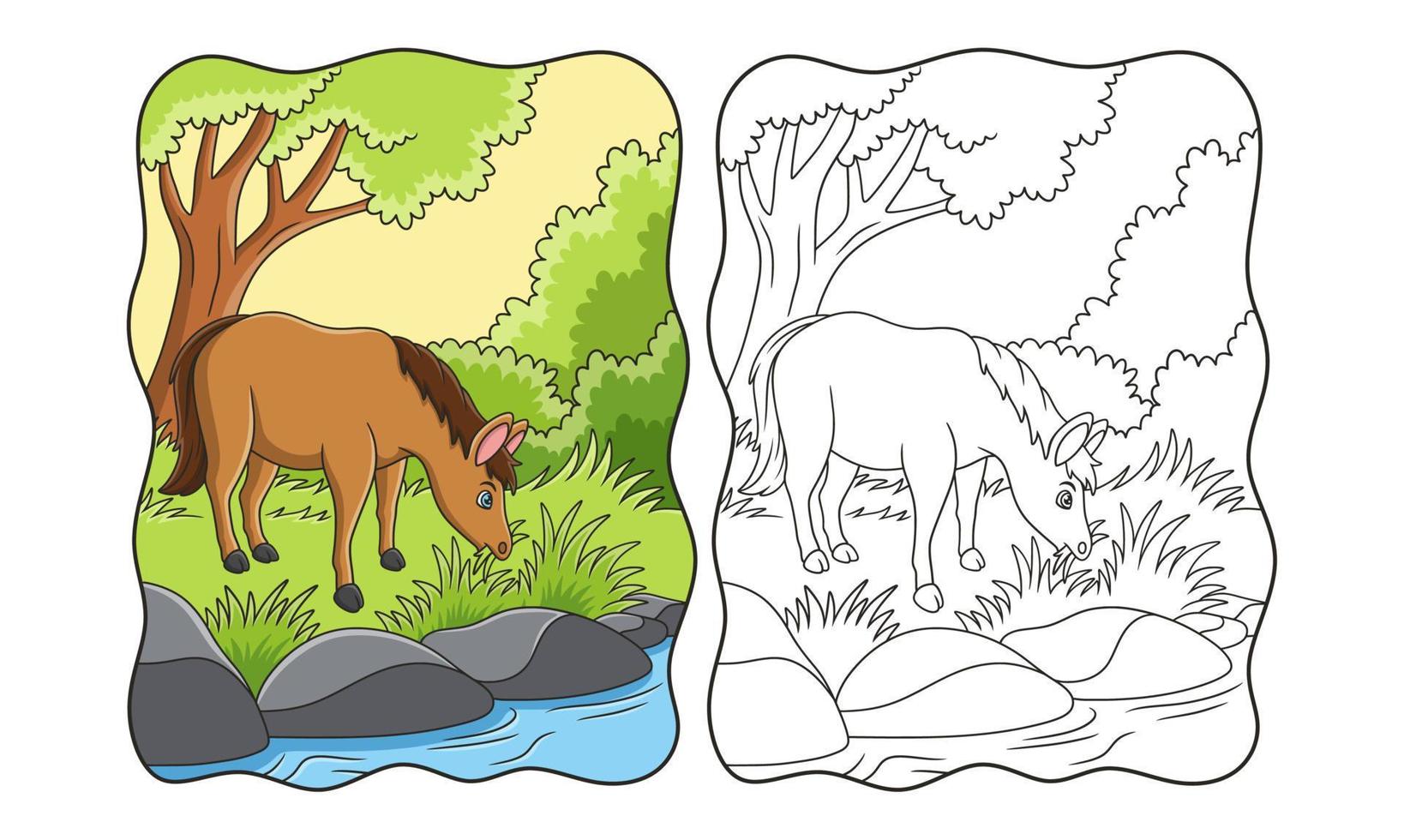 illustration de dessin animé un cheval mangeant de l'herbe au bord de la rivière sous un grand livre ou une page d'arbre pour les enfants vecteur