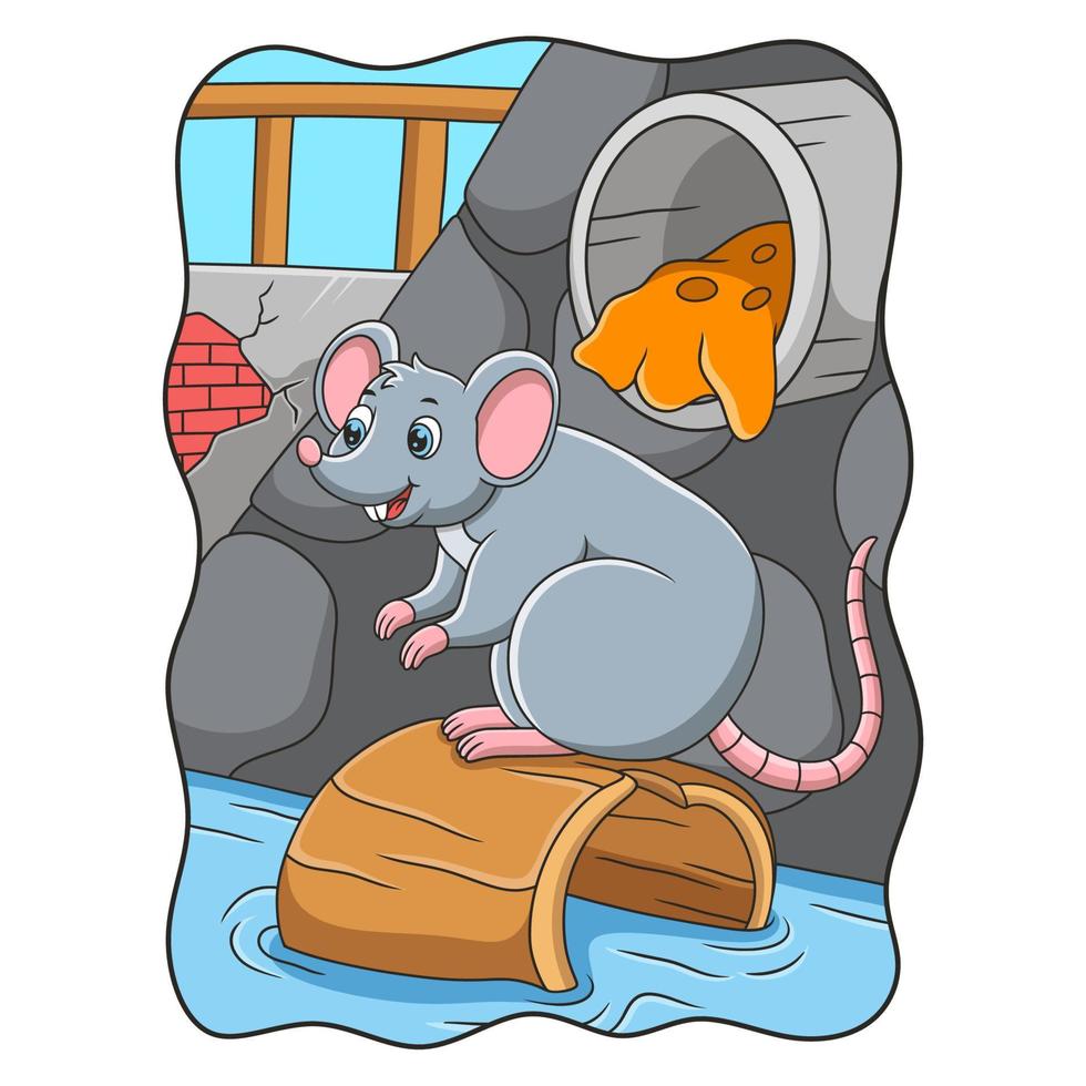 illustration de dessin animé le rat est debout sur un morceau de bûche qui a dérivé dans le fossé vecteur