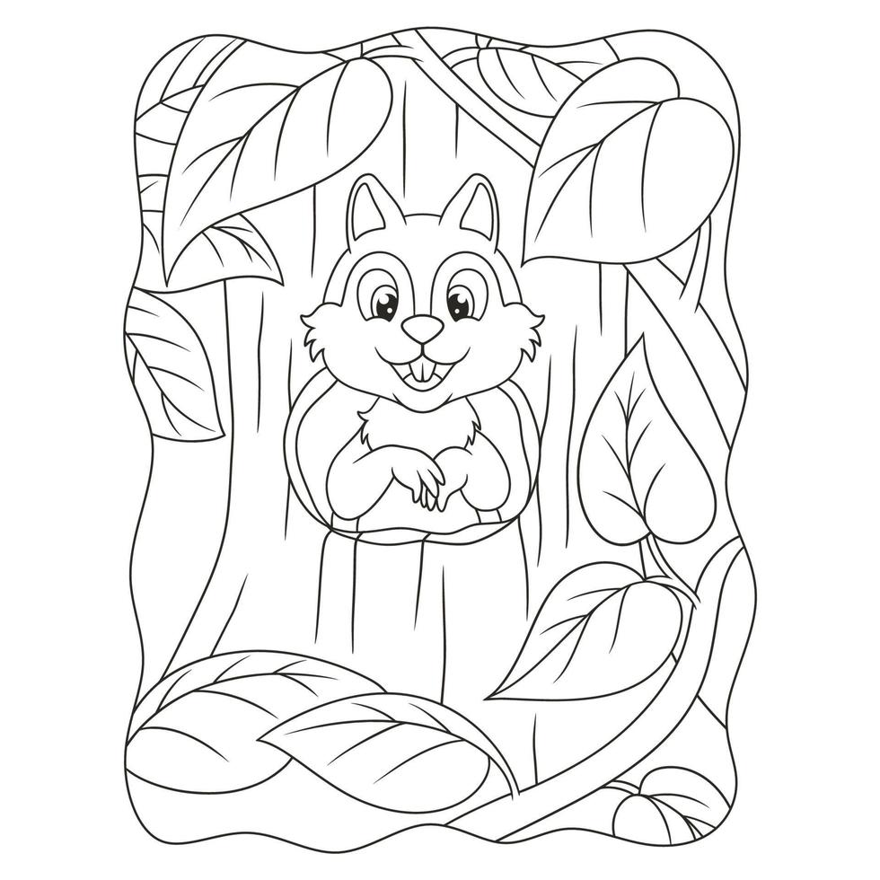 illustration de dessin animé l'écureuil debout devant le trou dans la porte de sa maison dans un grand arbre au milieu de la forêt livre ou page pour enfants noir et blanc vecteur