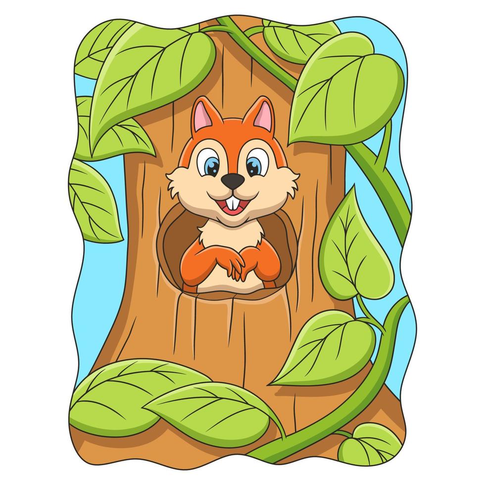 illustration de dessin animé l'écureuil debout devant le trou dans la porte de sa maison dans un grand arbre au milieu de la forêt vecteur