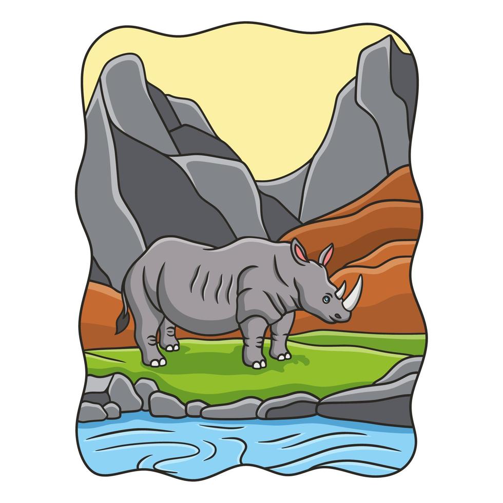illustration de dessin animé rhinocéros marchant au bord de la rivière au milieu de la forêt sous une haute falaise rocheuse vecteur