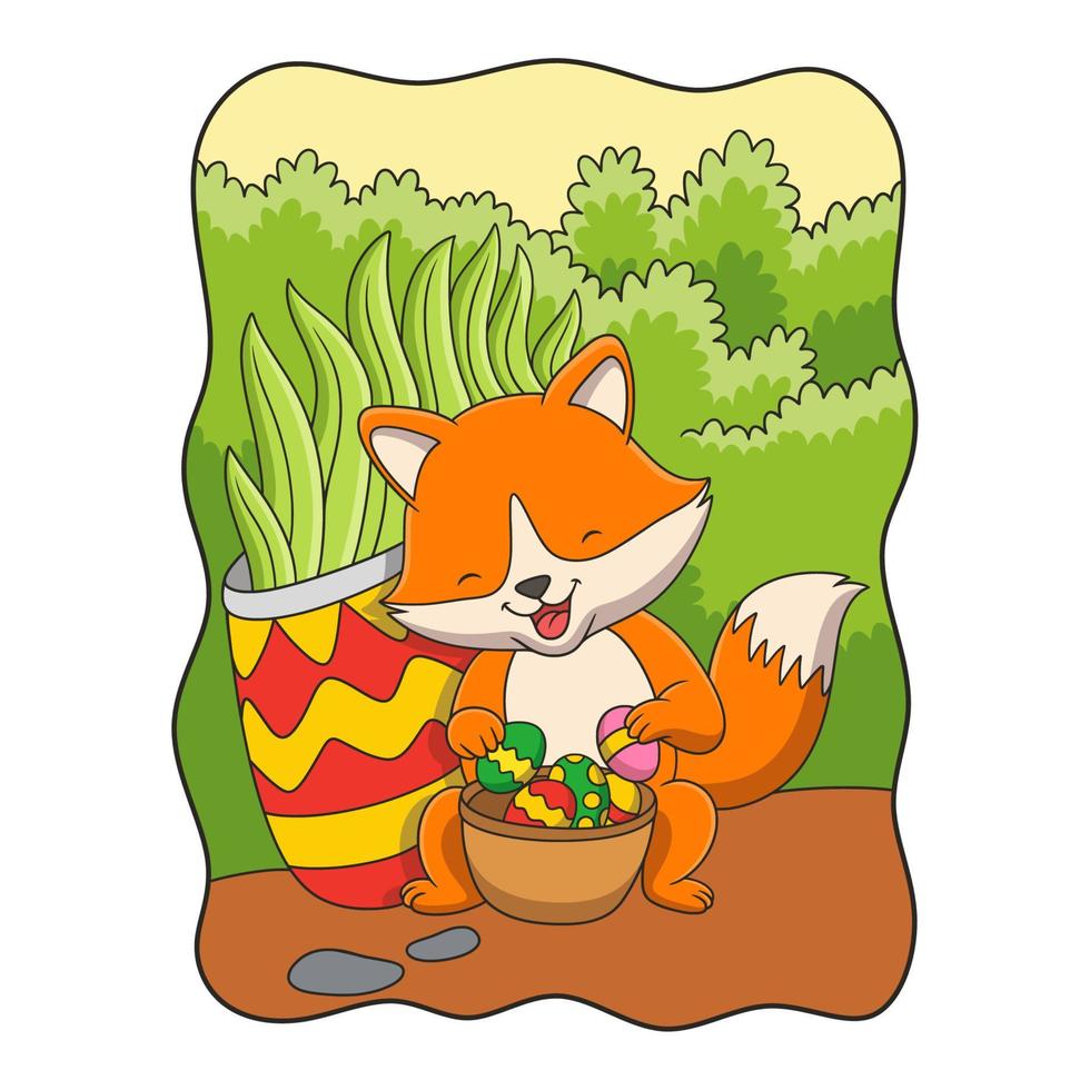 illustration de dessin animé un renard tenant un récipient d'oeufs colorés derrière un buisson dans la forêt vecteur