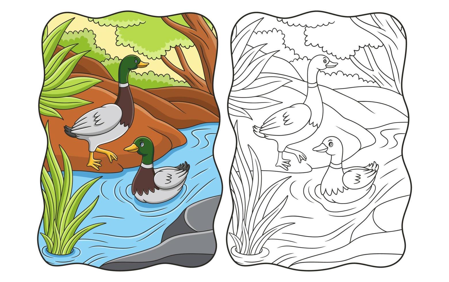 illustration de dessin animé le canard marche au bord de la rivière et nage dans le livre ou la page de la rivière pour les enfants vecteur