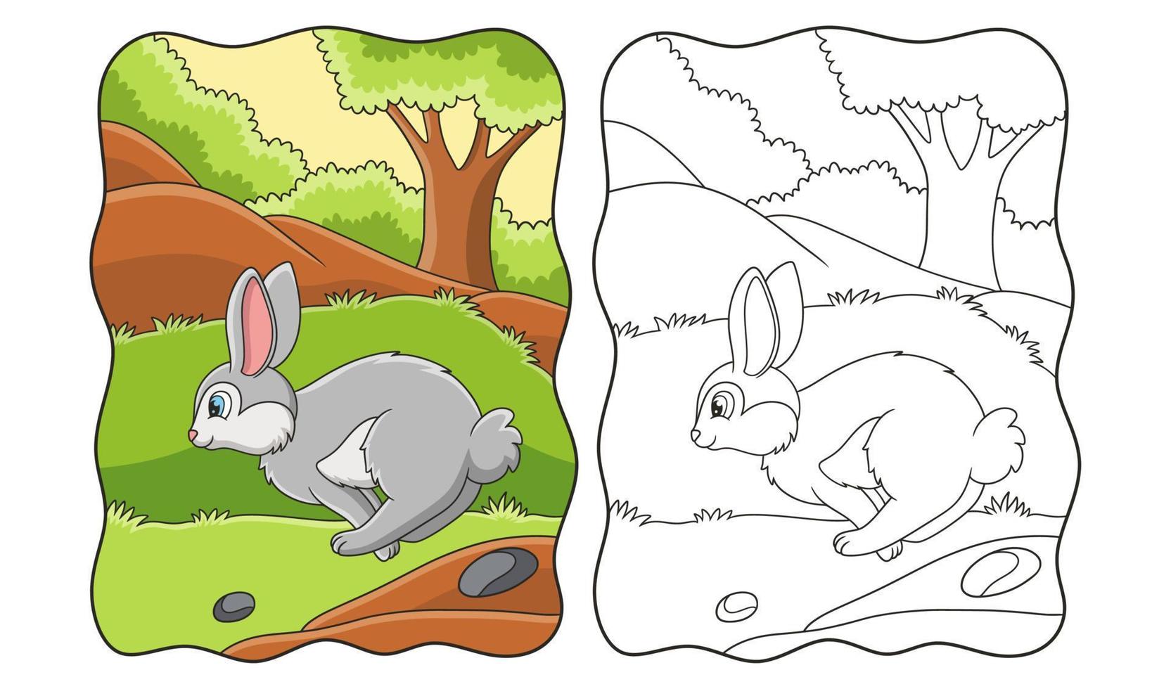 illustration de dessin animé lapin sautant et courant à la recherche de nourriture dans le livre ou la page de la forêt pour les enfants vecteur