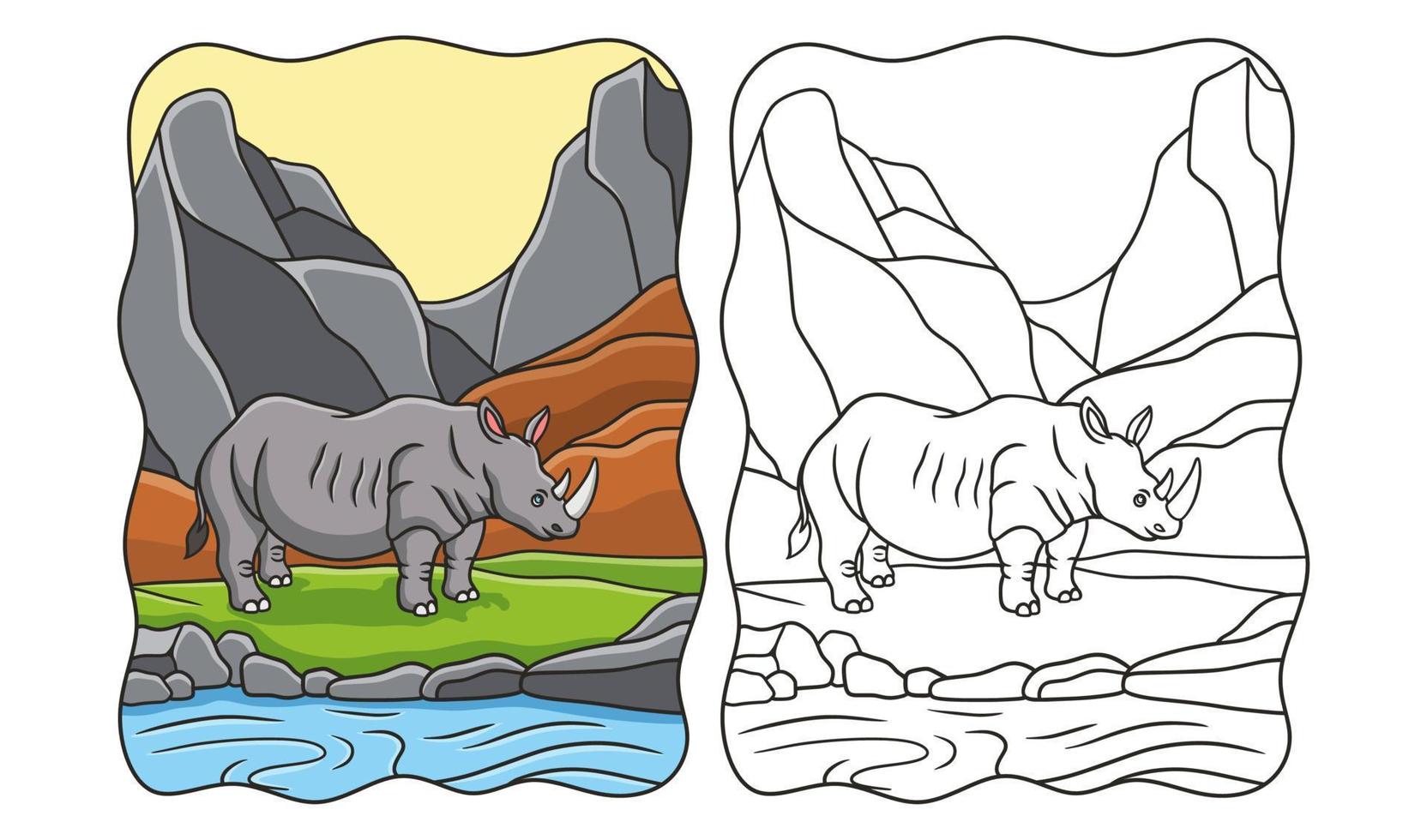 illustration de dessin animé rhinocéros marchant au bord de la rivière au milieu de la forêt sous une haute falaise rocheuse livre ou page pour les enfants vecteur