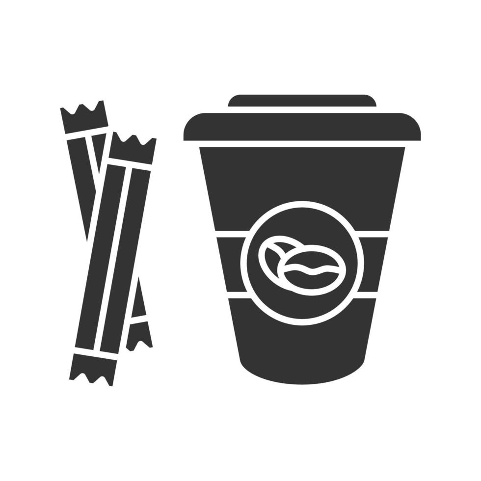 café pour aller avec l'icône de glyphe de sachets de sucre. tasse à café jetable avec couvercle. symbole de la silhouette. espace négatif. illustration vectorielle isolée vecteur