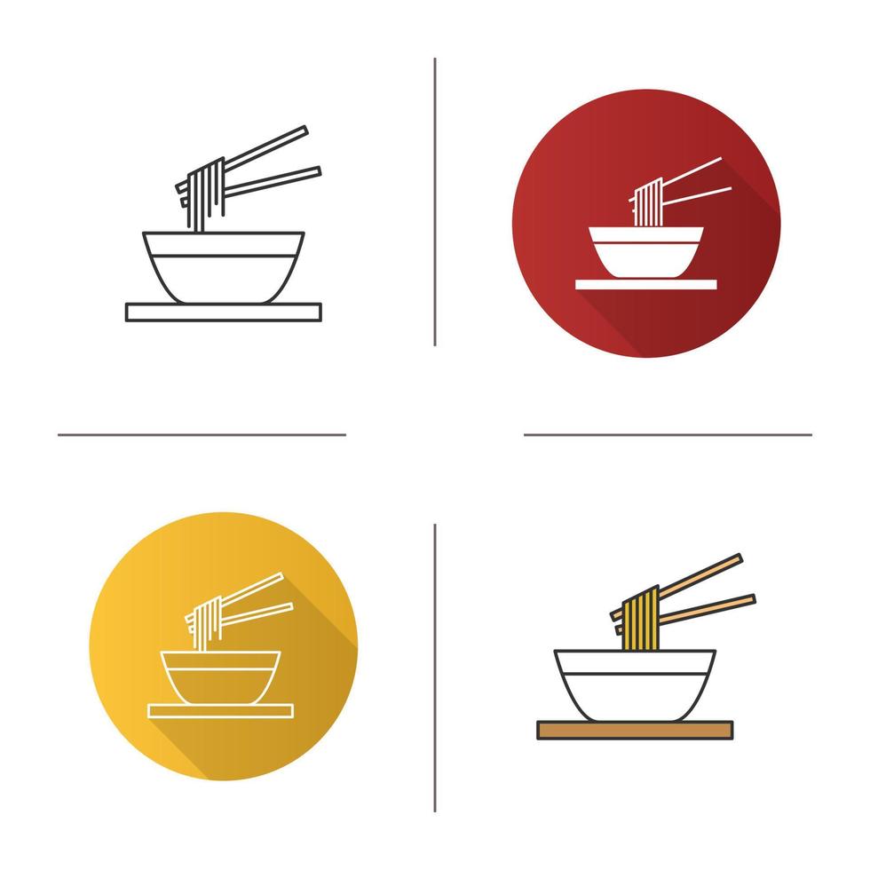 nouilles chinoises avec icône de baguettes. ramens. spaghettis dans un bol. design plat, styles linéaires et de couleur. illustrations vectorielles isolées vecteur